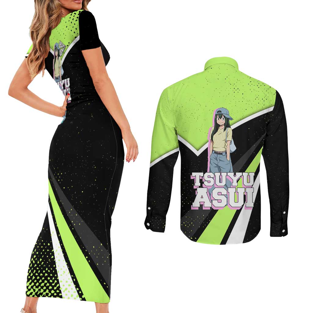 Tsuyu Asui My Hero Academia Couples Matching Short Sleeve Bodycon Dress and Long Sleeve Button Shirt Anime Grunge Splatter Graphic Style