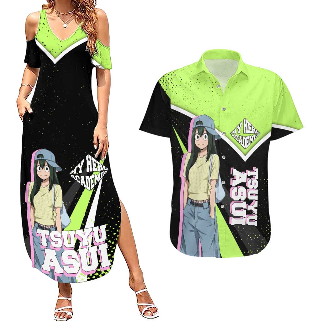 Tsuyu Asui My Hero Academia Couples Matching Summer Maxi Dress and Hawaiian Shirt Anime Grunge Splatter Graphic Style