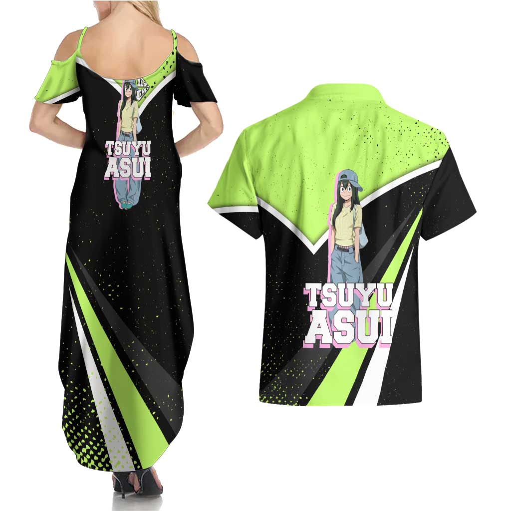 Tsuyu Asui My Hero Academia Couples Matching Summer Maxi Dress and Hawaiian Shirt Anime Grunge Splatter Graphic Style