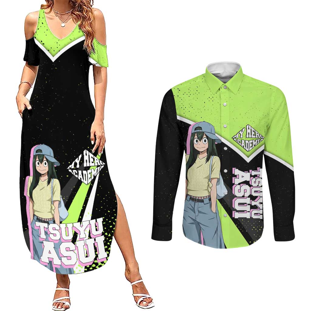 Tsuyu Asui My Hero Academia Couples Matching Summer Maxi Dress and Long Sleeve Button Shirt Anime Grunge Splatter Graphic Style