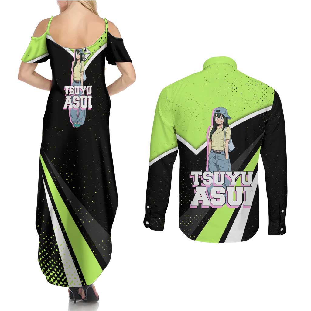 Tsuyu Asui My Hero Academia Couples Matching Summer Maxi Dress and Long Sleeve Button Shirt Anime Grunge Splatter Graphic Style