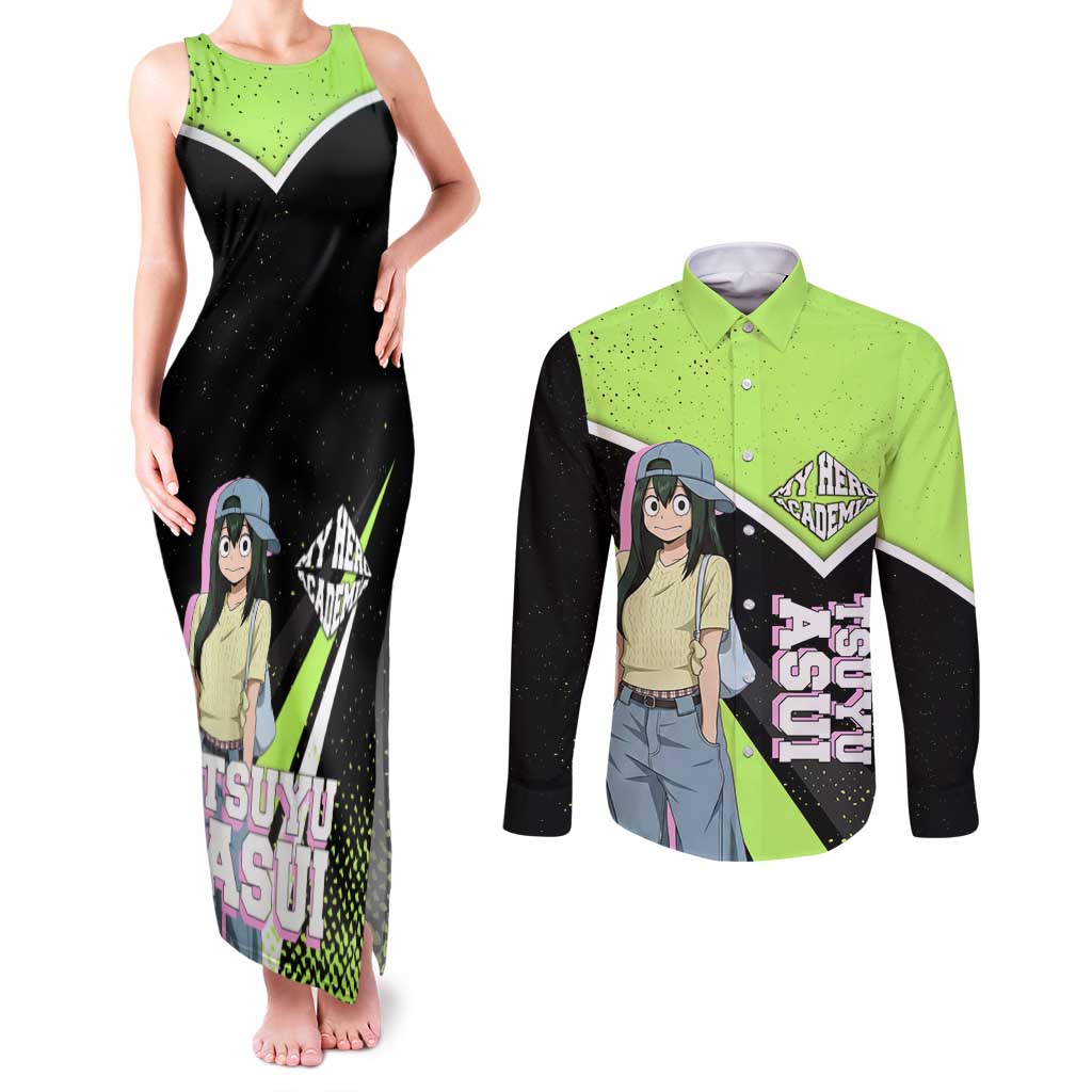 Tsuyu Asui My Hero Academia Couples Matching Tank Maxi Dress and Long Sleeve Button Shirt Anime Grunge Splatter Graphic Style
