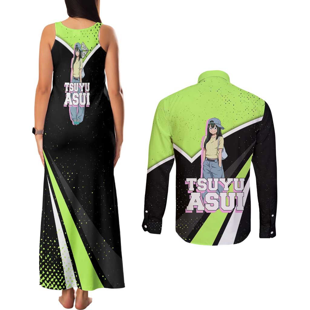 Tsuyu Asui My Hero Academia Couples Matching Tank Maxi Dress and Long Sleeve Button Shirt Anime Grunge Splatter Graphic Style
