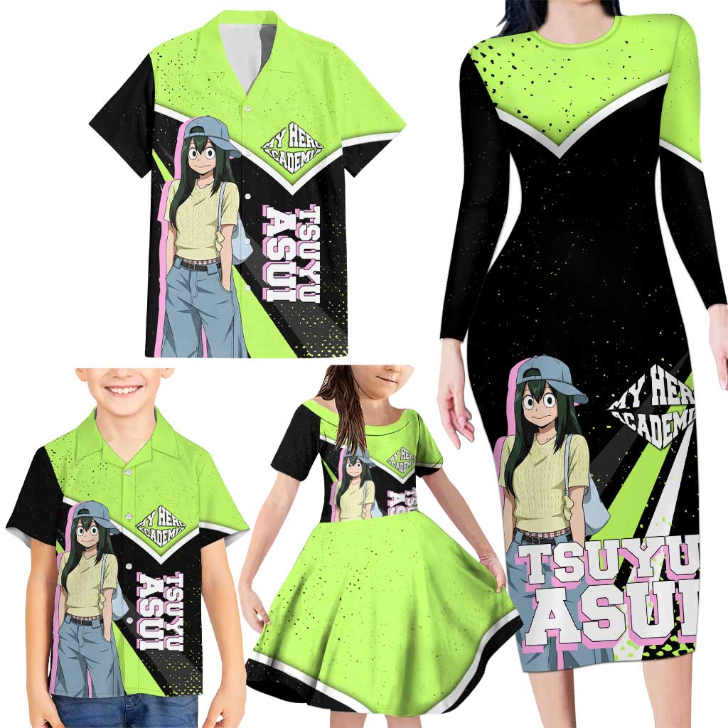 Tsuyu Asui My Hero Academia Family Matching Long Sleeve Bodycon Dress and Hawaiian Shirt Anime Grunge Splatter Graphic Style
