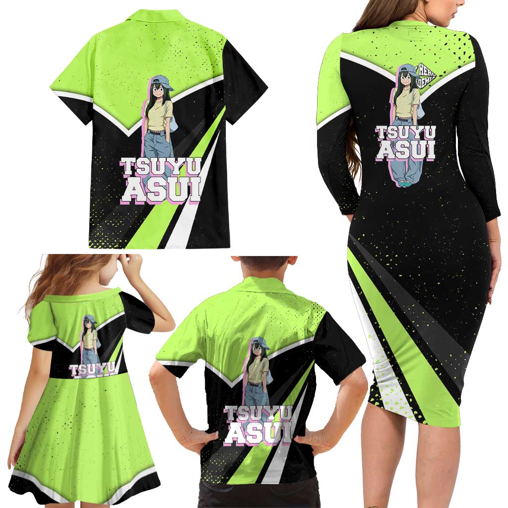 Tsuyu Asui My Hero Academia Family Matching Long Sleeve Bodycon Dress and Hawaiian Shirt Anime Grunge Splatter Graphic Style