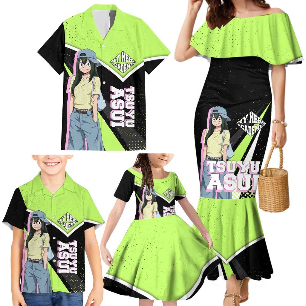 Tsuyu Asui My Hero Academia Family Matching Mermaid Dress and Hawaiian Shirt Anime Grunge Splatter Graphic Style