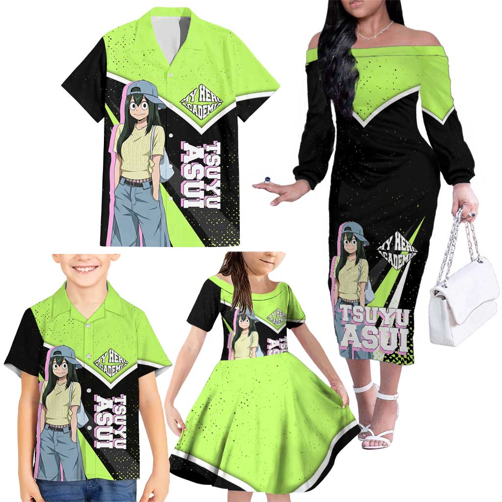 Tsuyu Asui My Hero Academia Family Matching Off The Shoulder Long Sleeve Dress and Hawaiian Shirt Anime Grunge Splatter Graphic Style