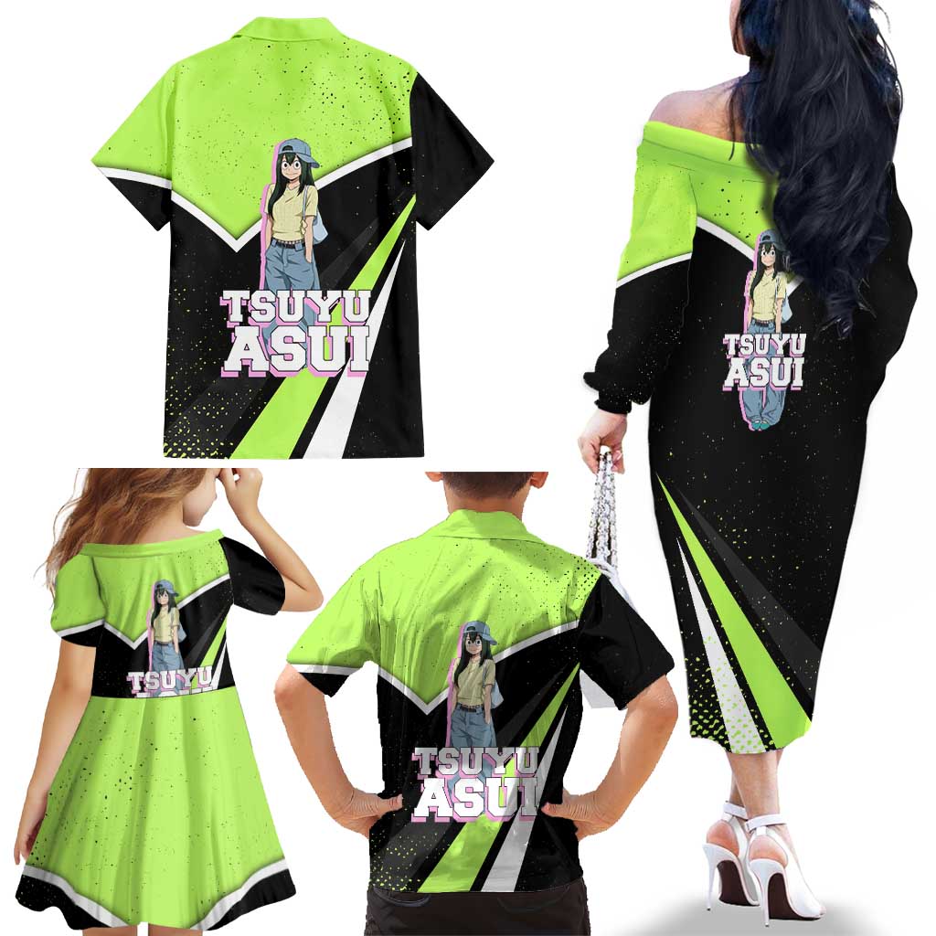 Tsuyu Asui My Hero Academia Family Matching Off The Shoulder Long Sleeve Dress and Hawaiian Shirt Anime Grunge Splatter Graphic Style
