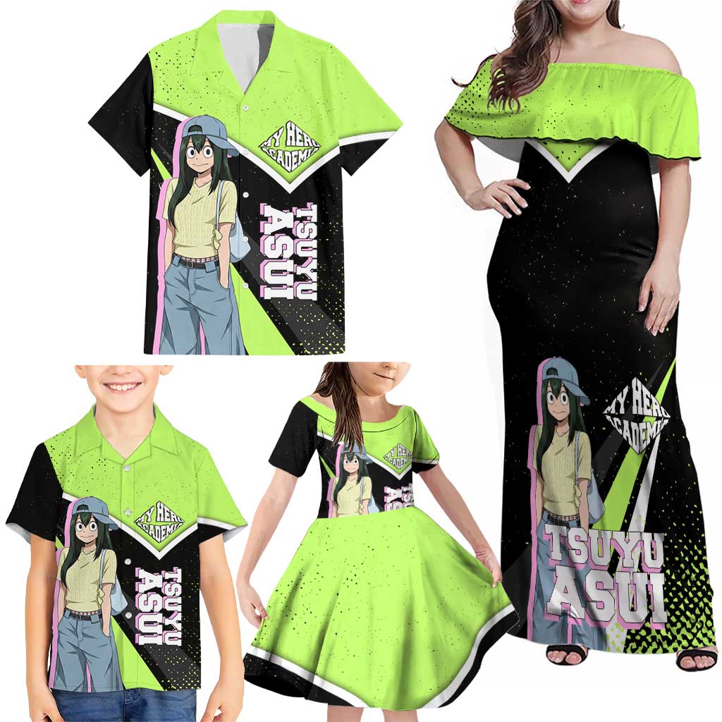 Tsuyu Asui My Hero Academia Family Matching Off Shoulder Maxi Dress and Hawaiian Shirt Anime Grunge Splatter Graphic Style
