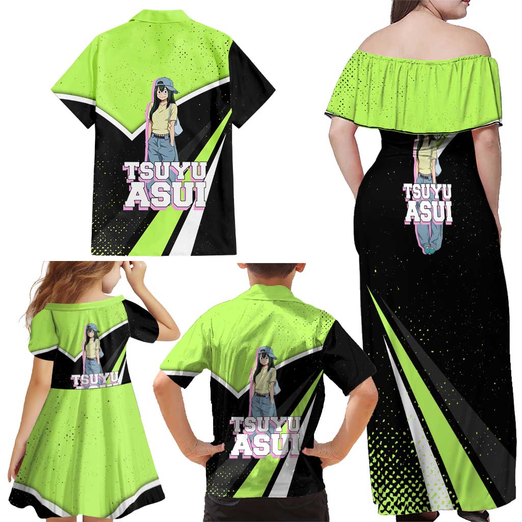 Tsuyu Asui My Hero Academia Family Matching Off Shoulder Maxi Dress and Hawaiian Shirt Anime Grunge Splatter Graphic Style