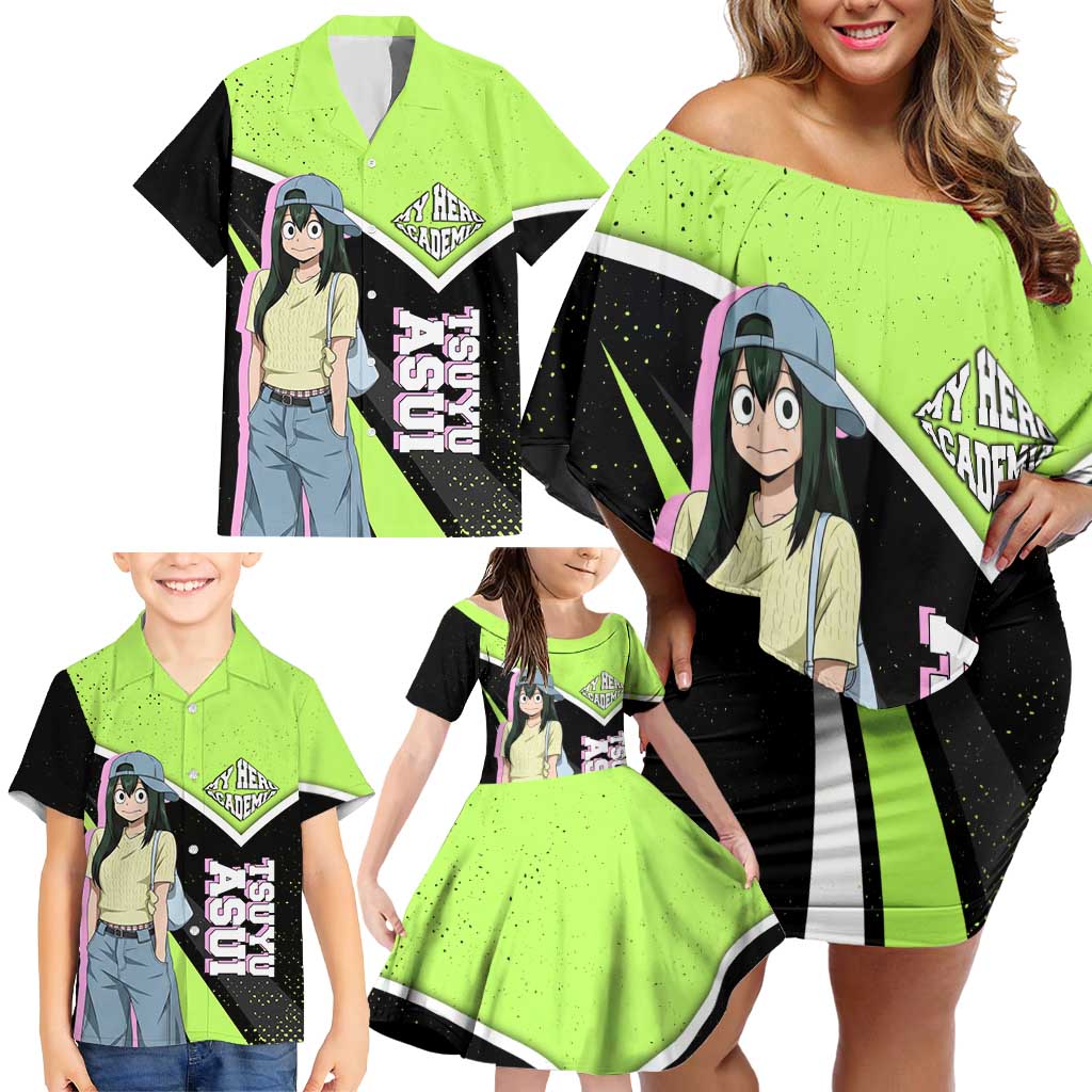 Tsuyu Asui My Hero Academia Family Matching Off Shoulder Short Dress and Hawaiian Shirt Anime Grunge Splatter Graphic Style