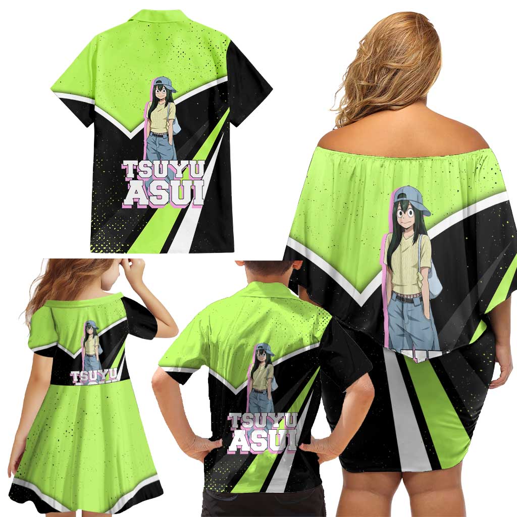 Tsuyu Asui My Hero Academia Family Matching Off Shoulder Short Dress and Hawaiian Shirt Anime Grunge Splatter Graphic Style