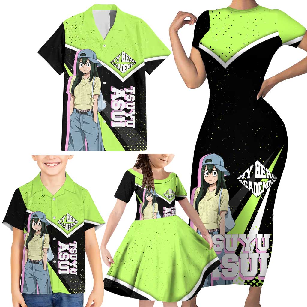 Tsuyu Asui My Hero Academia Family Matching Short Sleeve Bodycon Dress and Hawaiian Shirt Anime Grunge Splatter Graphic Style