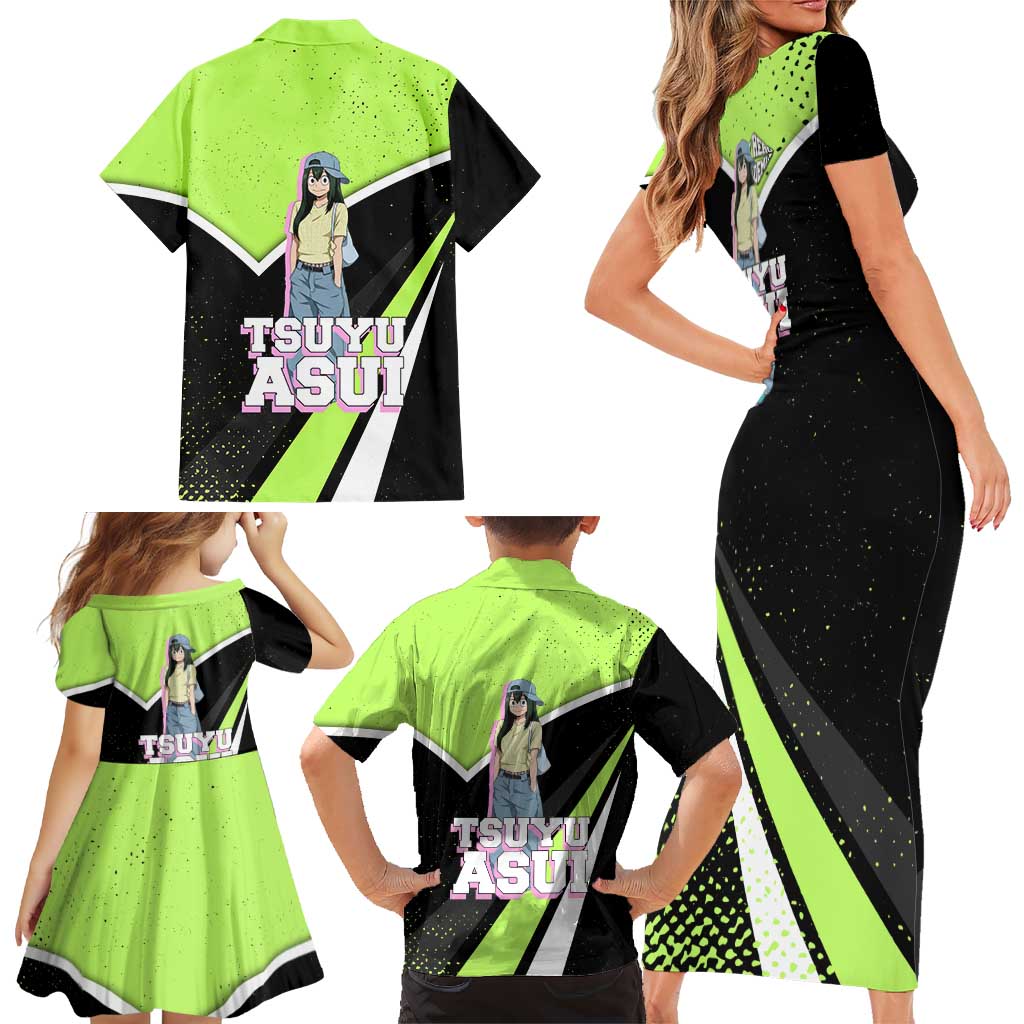 Tsuyu Asui My Hero Academia Family Matching Short Sleeve Bodycon Dress and Hawaiian Shirt Anime Grunge Splatter Graphic Style