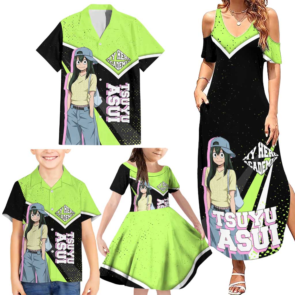 Tsuyu Asui My Hero Academia Family Matching Summer Maxi Dress and Hawaiian Shirt Anime Grunge Splatter Graphic Style