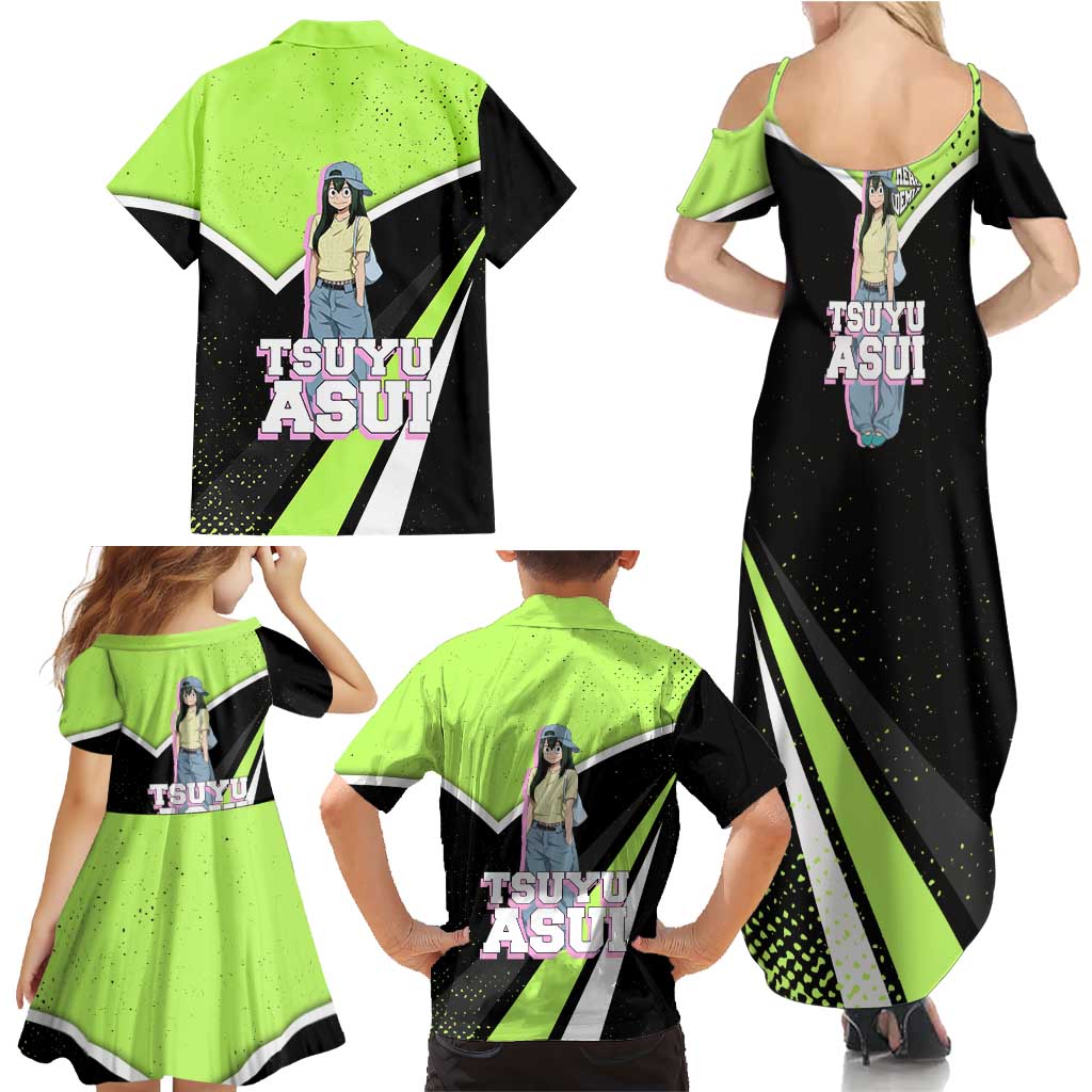 Tsuyu Asui My Hero Academia Family Matching Summer Maxi Dress and Hawaiian Shirt Anime Grunge Splatter Graphic Style