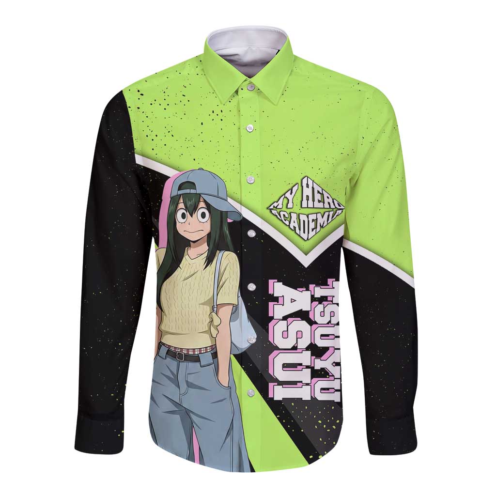 Tsuyu Asui My Hero Academia Long Sleeve Button Shirt Anime Grunge Splatter Graphic Style