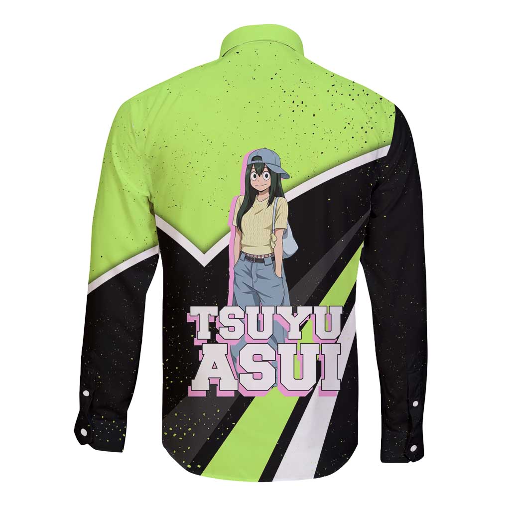 Tsuyu Asui My Hero Academia Long Sleeve Button Shirt Anime Grunge Splatter Graphic Style
