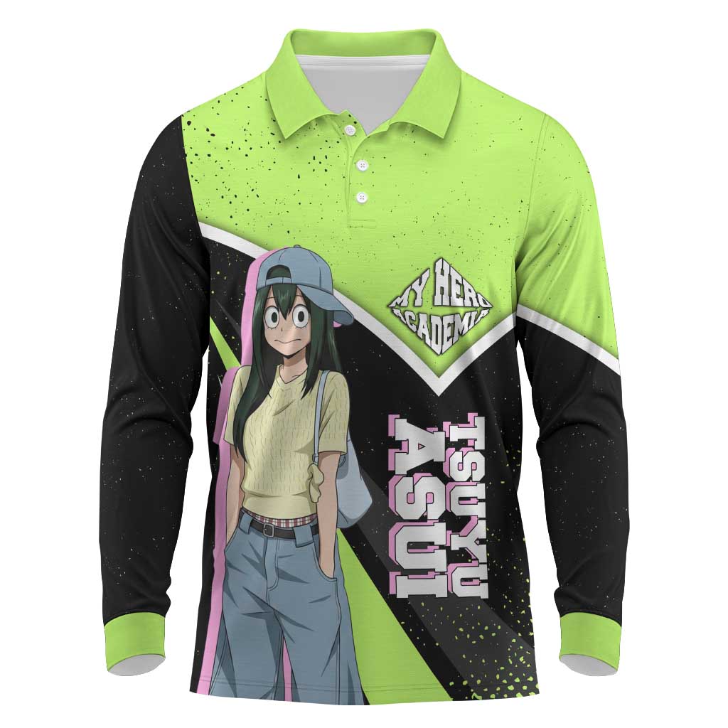 Tsuyu Asui My Hero Academia Long Sleeve Polo Shirt Anime Grunge Splatter Graphic Style