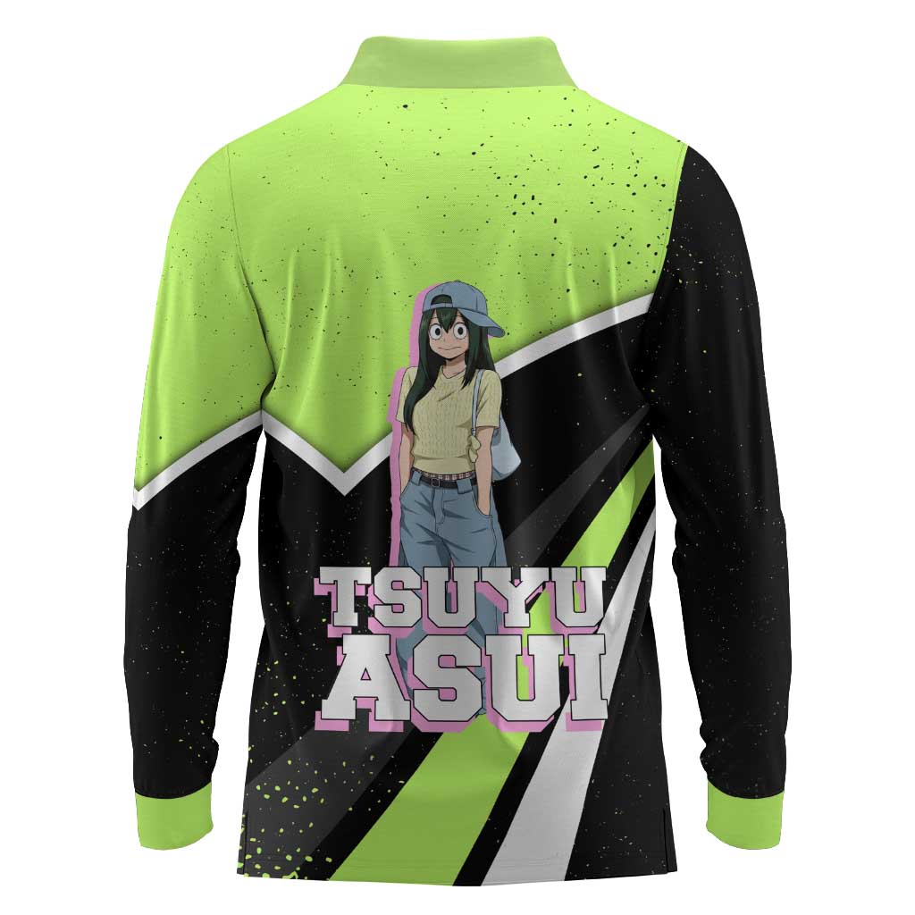 Tsuyu Asui My Hero Academia Long Sleeve Polo Shirt Anime Grunge Splatter Graphic Style
