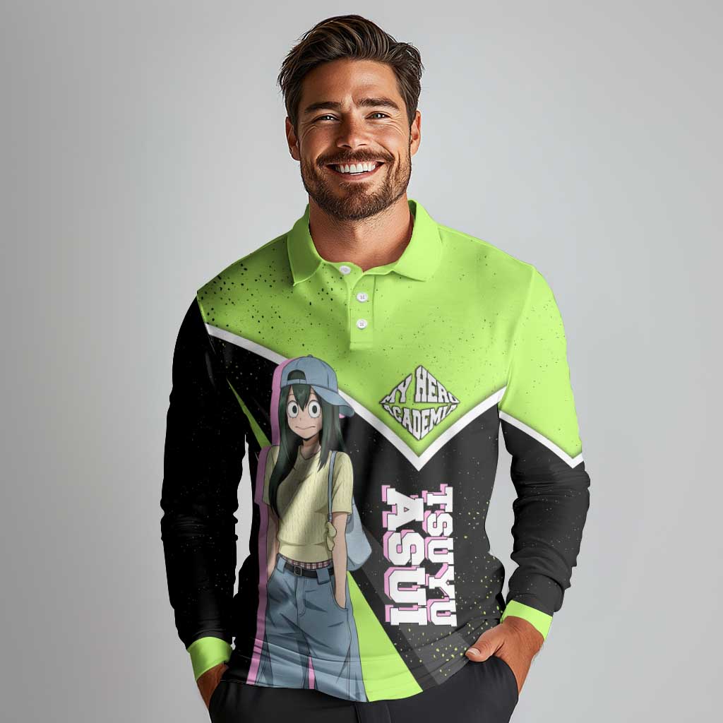 Tsuyu Asui My Hero Academia Long Sleeve Polo Shirt Anime Grunge Splatter Graphic Style