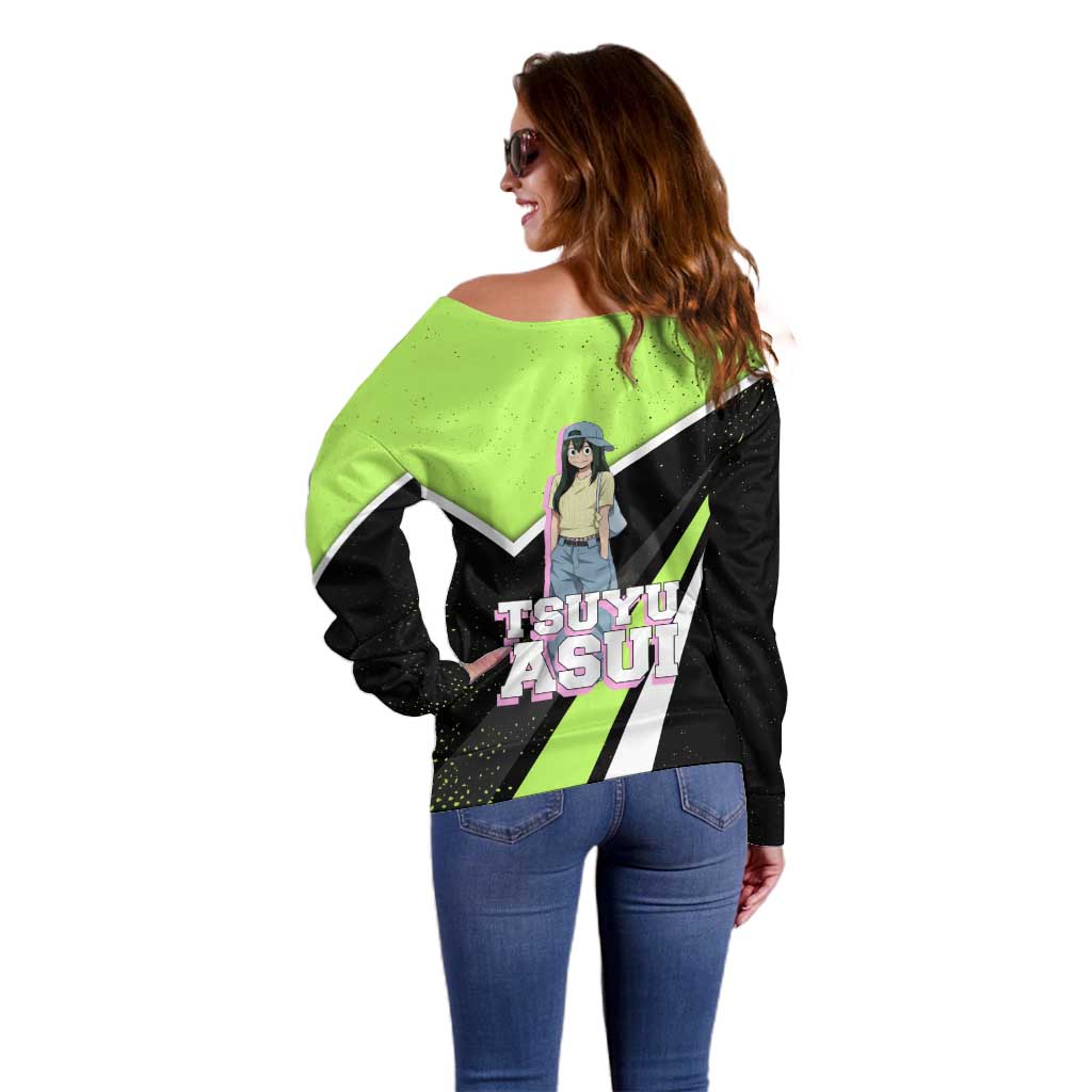 Tsuyu Asui My Hero Academia Off Shoulder Sweater Anime Grunge Splatter Graphic Style