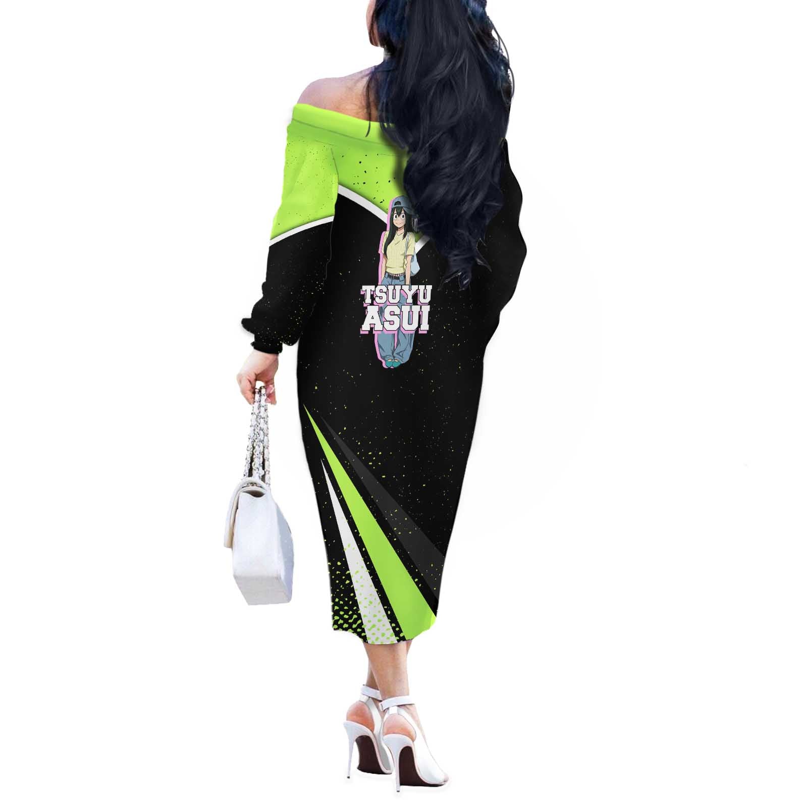 Tsuyu Asui My Hero Academia Off The Shoulder Long Sleeve Dress Anime Grunge Splatter Graphic Style