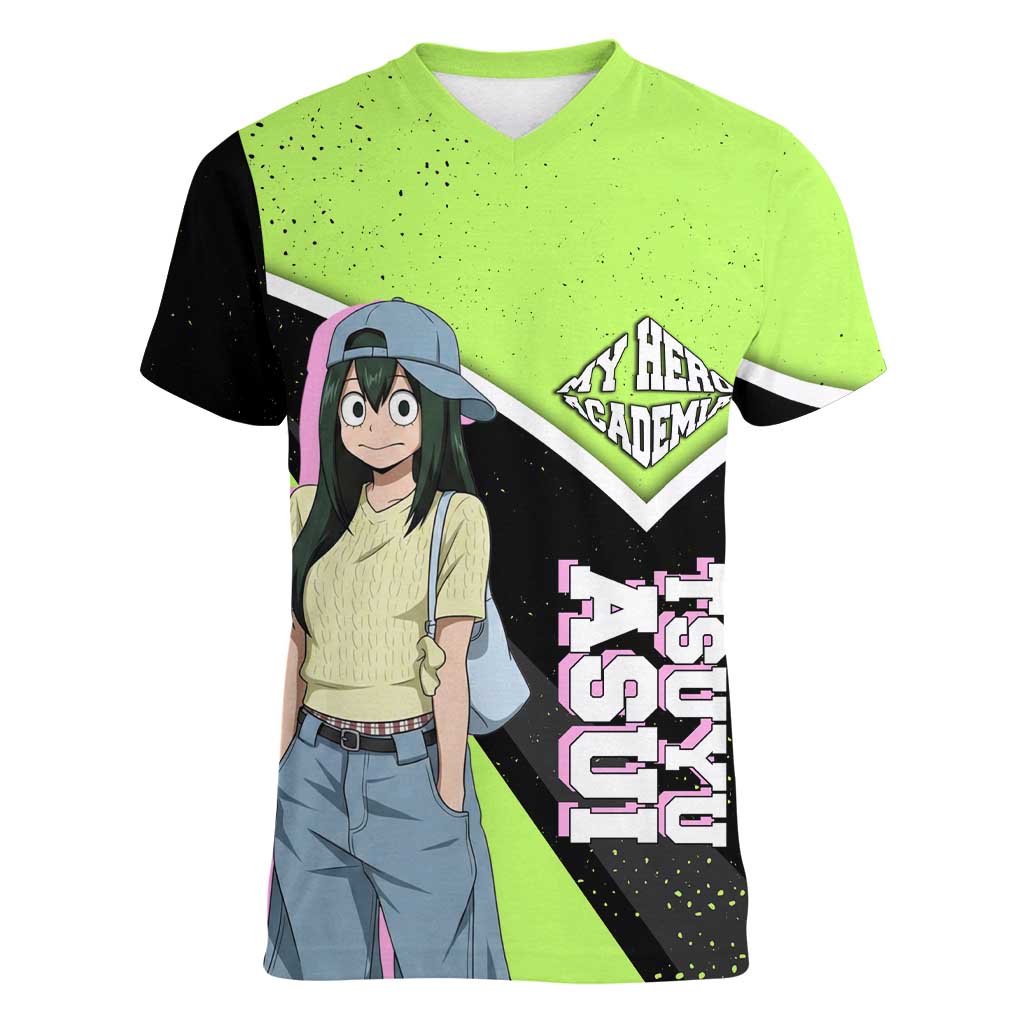 Tsuyu Asui My Hero Academia Women V-Neck T-Shirt Anime Grunge Splatter Graphic Style
