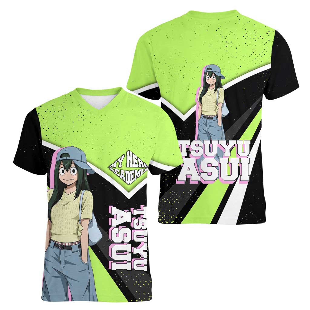 Tsuyu Asui My Hero Academia Women V-Neck T-Shirt Anime Grunge Splatter Graphic Style