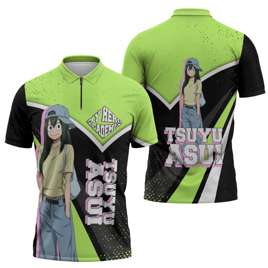 Tsuyu Asui My Hero Academia Zipper Polo Shirt Anime Grunge Splatter Graphic Style
