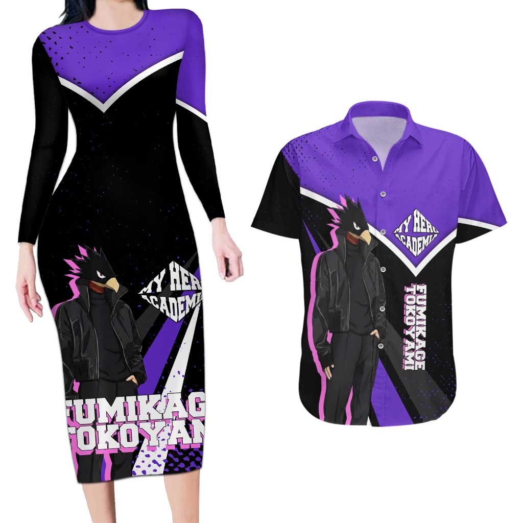 Fumikage Tokoyami My Hero Academia Couples Matching Long Sleeve Bodycon Dress and Hawaiian Shirt Anime Grunge Splatter Graphic Style