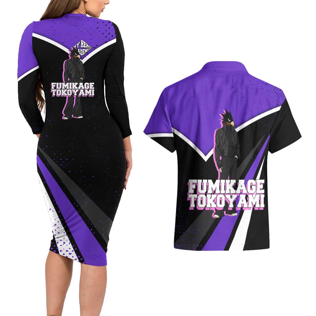 Fumikage Tokoyami My Hero Academia Couples Matching Long Sleeve Bodycon Dress and Hawaiian Shirt Anime Grunge Splatter Graphic Style