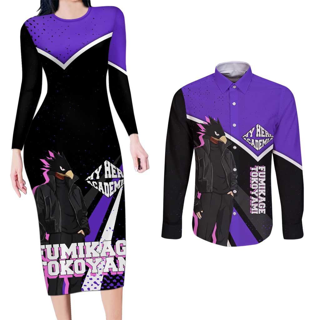 Fumikage Tokoyami My Hero Academia Couples Matching Long Sleeve Bodycon Dress and Long Sleeve Button Shirt Anime Grunge Splatter Graphic Style