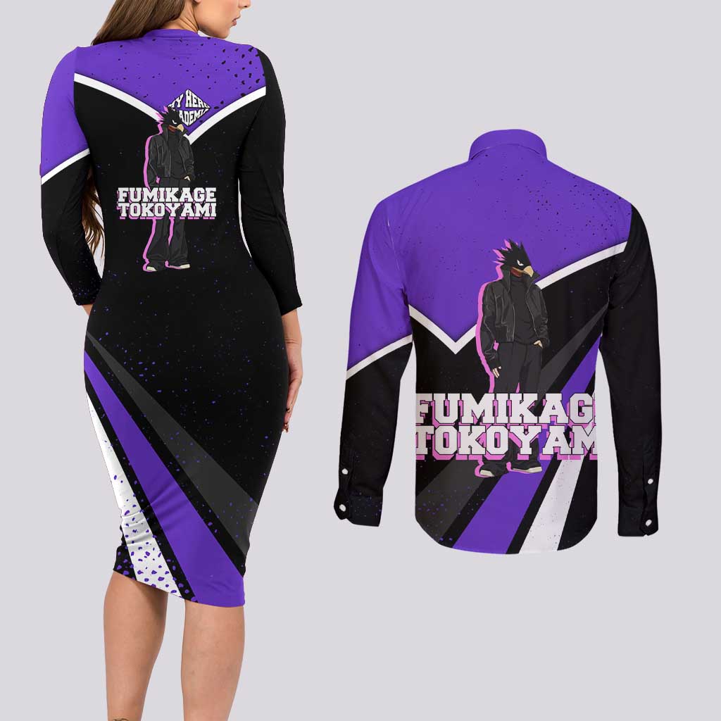 Fumikage Tokoyami My Hero Academia Couples Matching Long Sleeve Bodycon Dress and Long Sleeve Button Shirt Anime Grunge Splatter Graphic Style