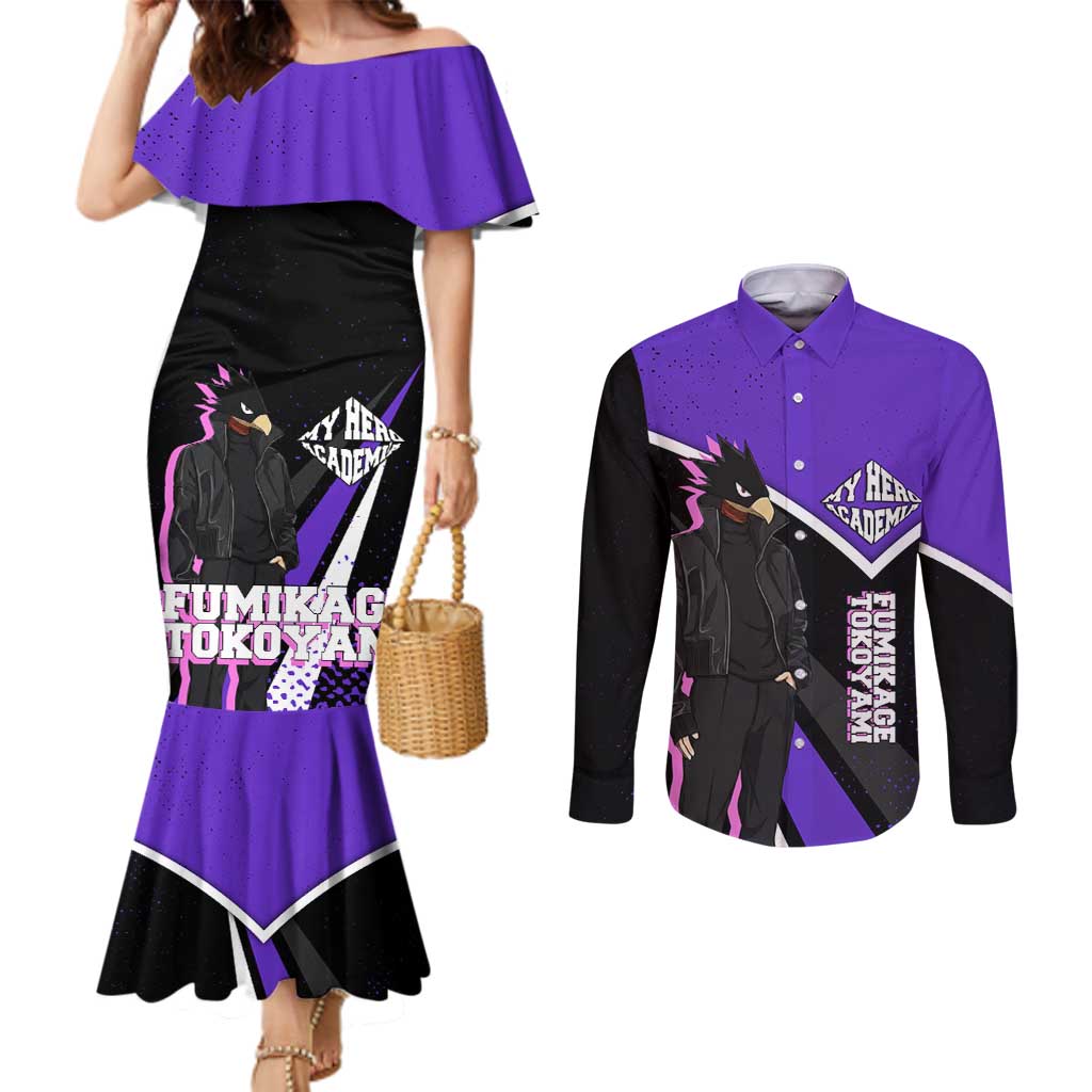 Fumikage Tokoyami My Hero Academia Couples Matching Mermaid Dress and Long Sleeve Button Shirt Anime Grunge Splatter Graphic Style