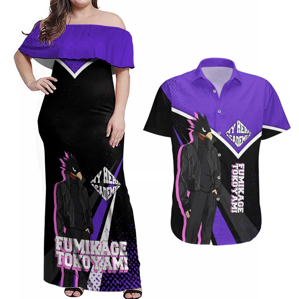 Fumikage Tokoyami My Hero Academia Couples Matching Off Shoulder Maxi Dress and Hawaiian Shirt Anime Grunge Splatter Graphic Style