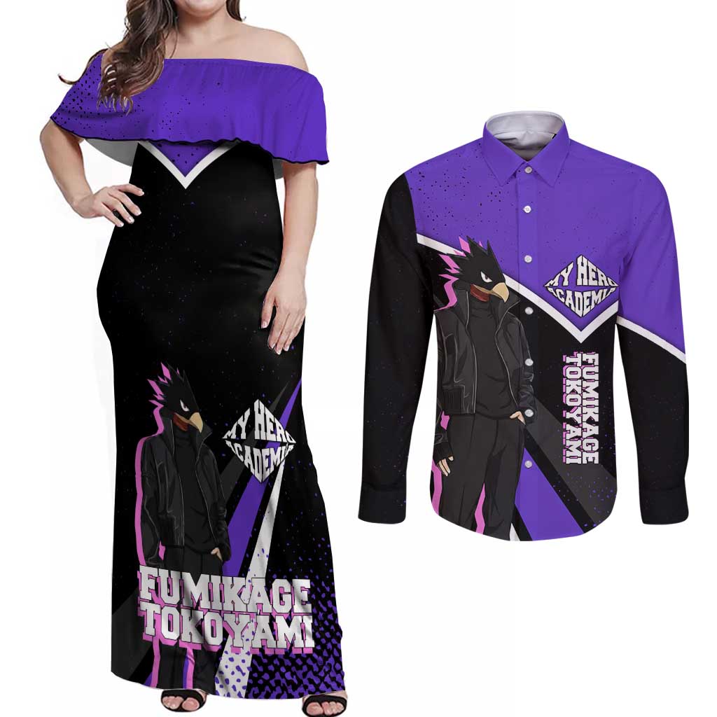 Fumikage Tokoyami My Hero Academia Couples Matching Off Shoulder Maxi Dress and Long Sleeve Button Shirt Anime Grunge Splatter Graphic Style