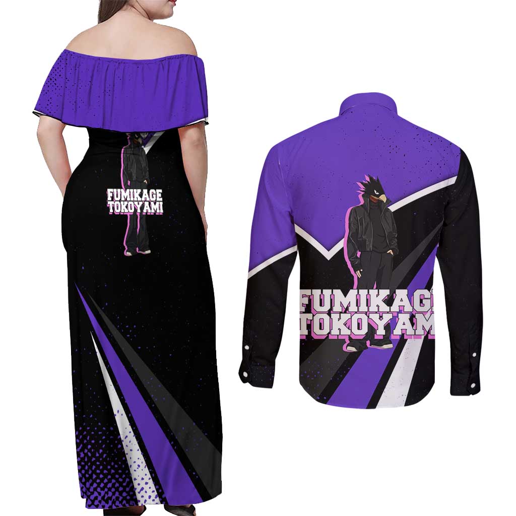 Fumikage Tokoyami My Hero Academia Couples Matching Off Shoulder Maxi Dress and Long Sleeve Button Shirt Anime Grunge Splatter Graphic Style