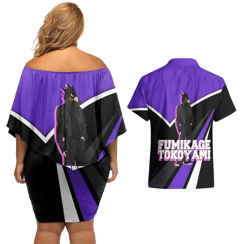 Fumikage Tokoyami My Hero Academia Couples Matching Off Shoulder Short Dress and Hawaiian Shirt Anime Grunge Splatter Graphic Style