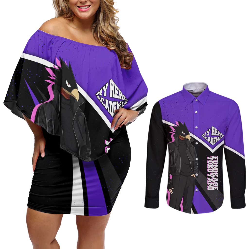 Fumikage Tokoyami My Hero Academia Couples Matching Off Shoulder Short Dress and Long Sleeve Button Shirt Anime Grunge Splatter Graphic Style