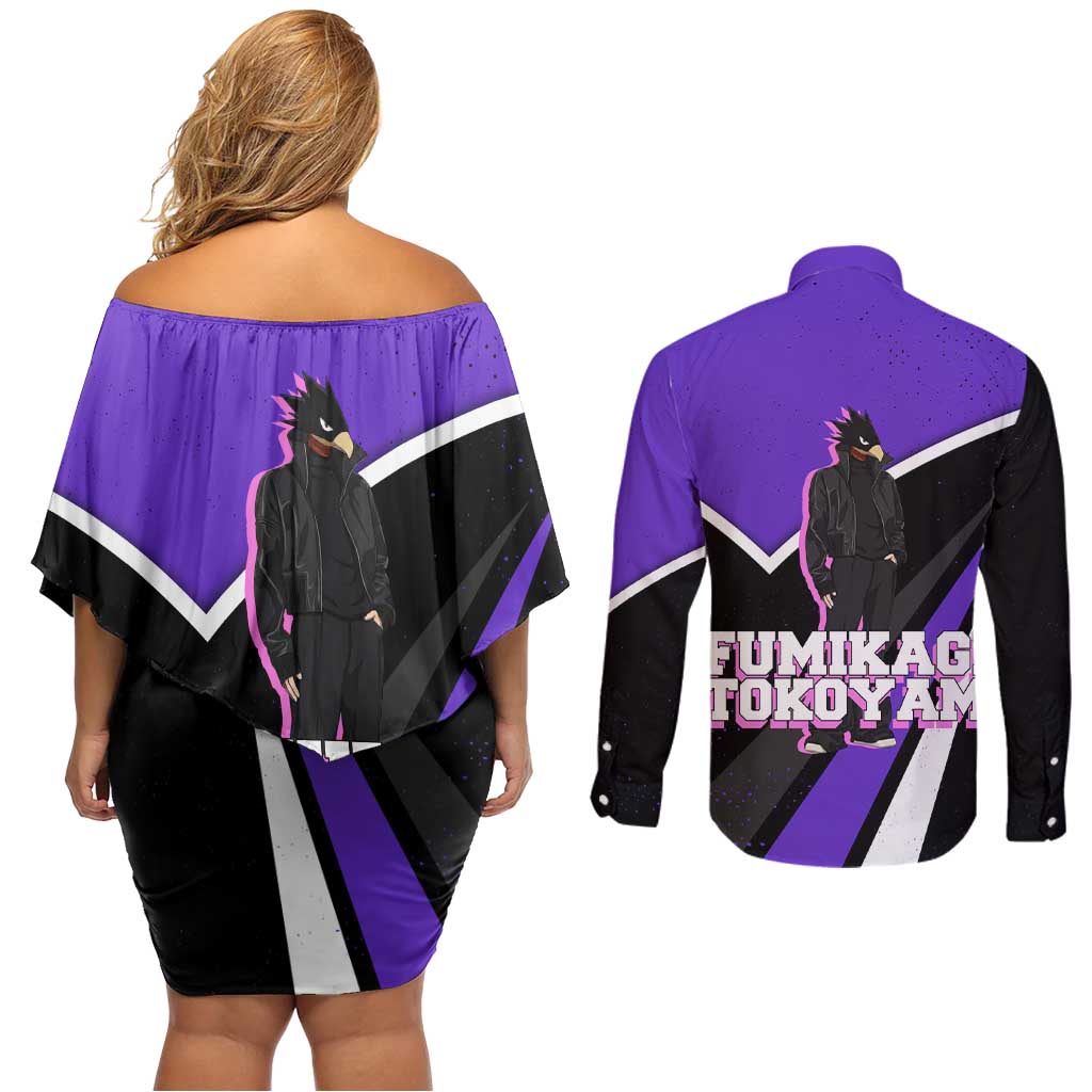 Fumikage Tokoyami My Hero Academia Couples Matching Off Shoulder Short Dress and Long Sleeve Button Shirt Anime Grunge Splatter Graphic Style