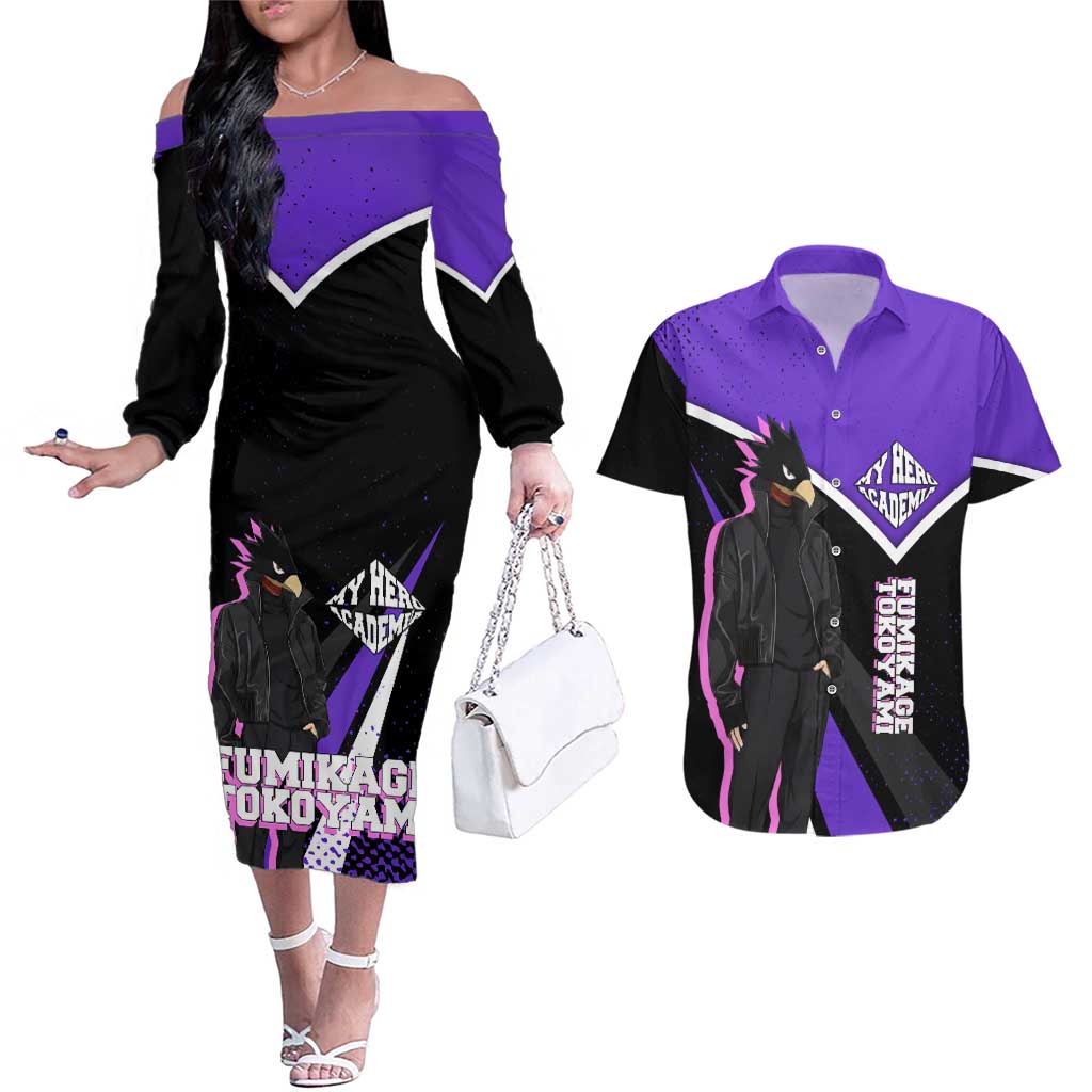 Fumikage Tokoyami My Hero Academia Couples Matching Off The Shoulder Long Sleeve Dress and Hawaiian Shirt Anime Grunge Splatter Graphic Style
