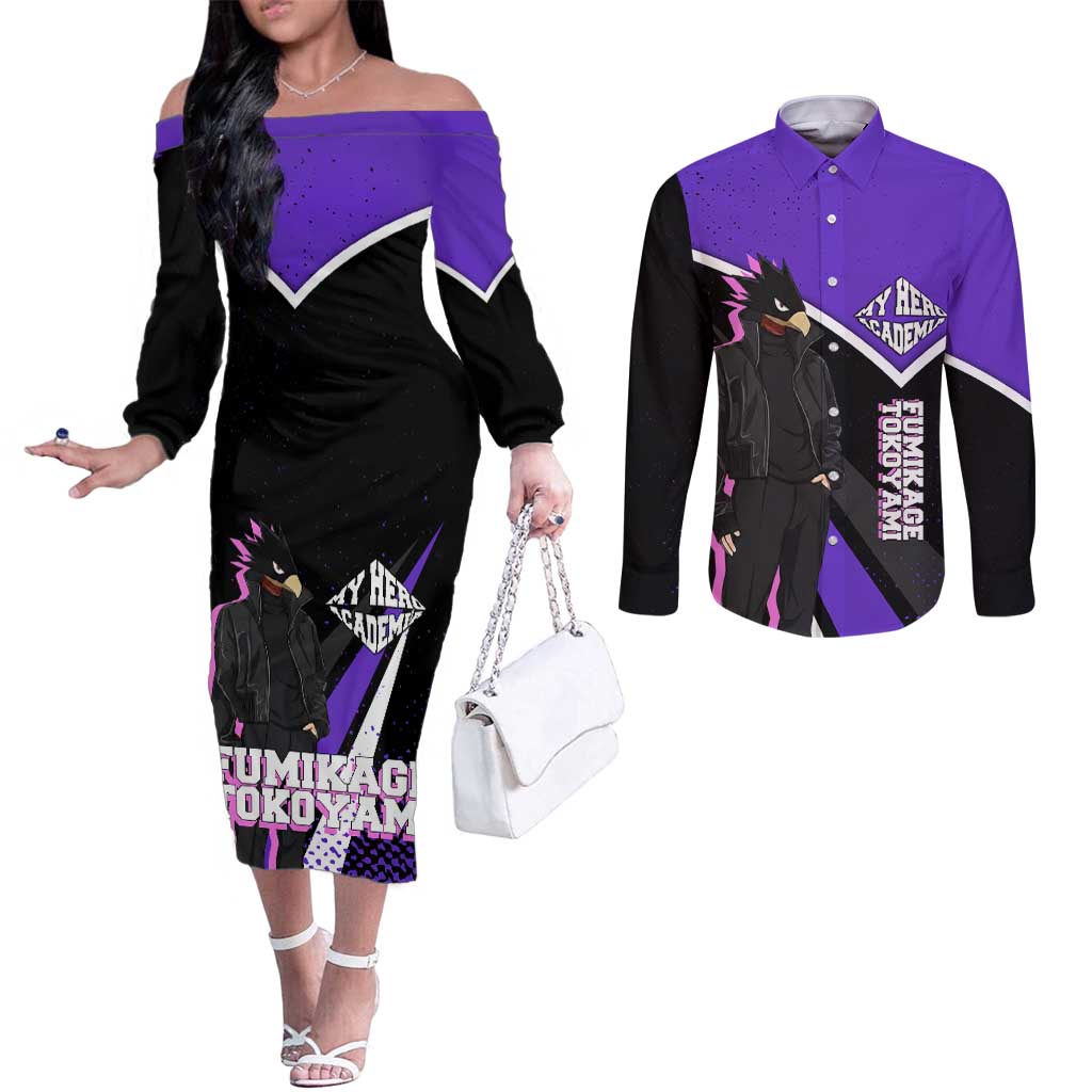 Fumikage Tokoyami My Hero Academia Couples Matching Off The Shoulder Long Sleeve Dress and Long Sleeve Button Shirt Anime Grunge Splatter Graphic Style