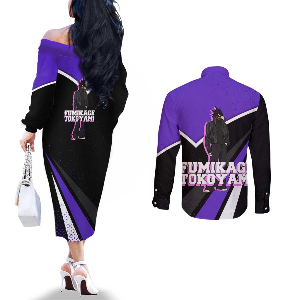 Fumikage Tokoyami My Hero Academia Couples Matching Off The Shoulder Long Sleeve Dress and Long Sleeve Button Shirt Anime Grunge Splatter Graphic Style
