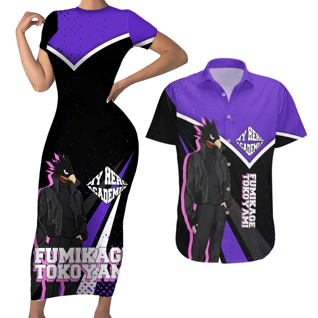 Fumikage Tokoyami My Hero Academia Couples Matching Short Sleeve Bodycon Dress and Hawaiian Shirt Anime Grunge Splatter Graphic Style