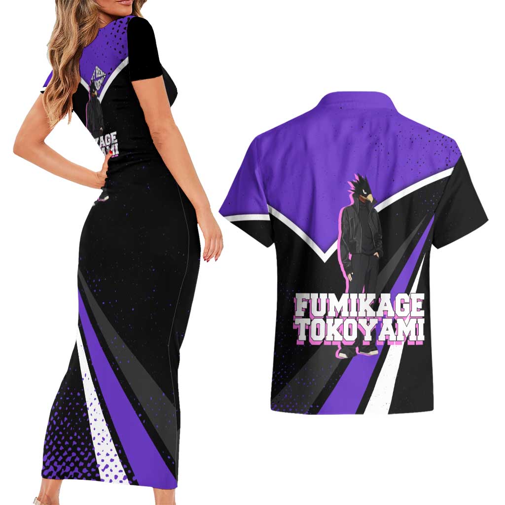 Fumikage Tokoyami My Hero Academia Couples Matching Short Sleeve Bodycon Dress and Hawaiian Shirt Anime Grunge Splatter Graphic Style