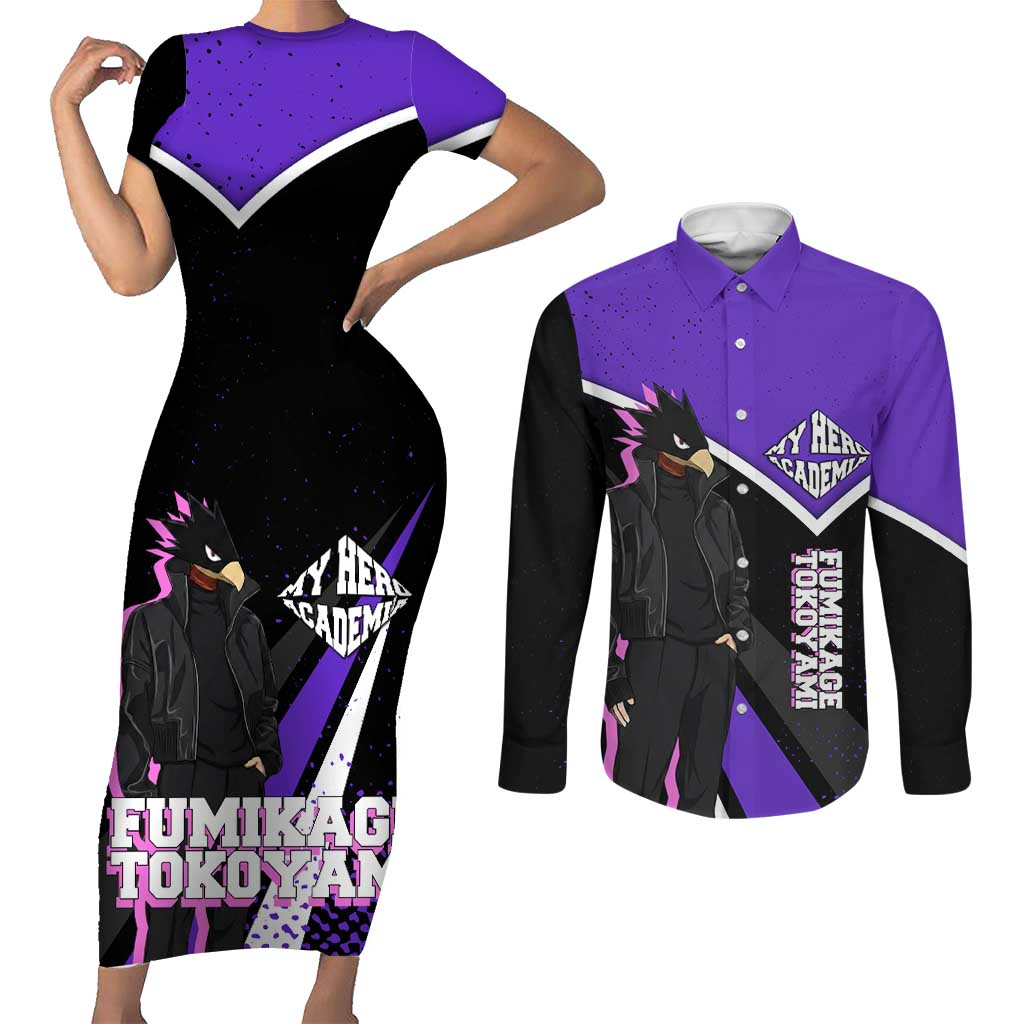Fumikage Tokoyami My Hero Academia Couples Matching Short Sleeve Bodycon Dress and Long Sleeve Button Shirt Anime Grunge Splatter Graphic Style