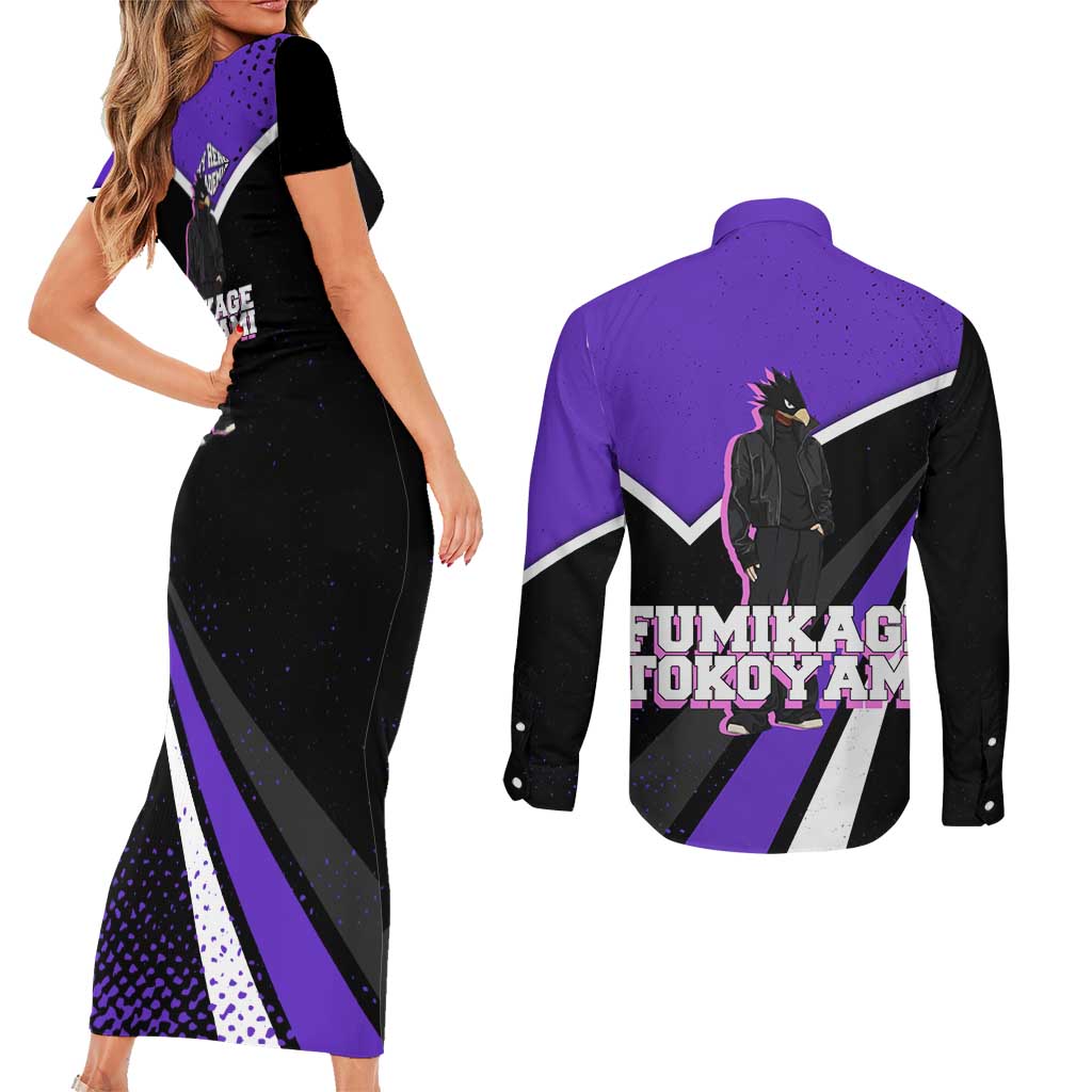 Fumikage Tokoyami My Hero Academia Couples Matching Short Sleeve Bodycon Dress and Long Sleeve Button Shirt Anime Grunge Splatter Graphic Style