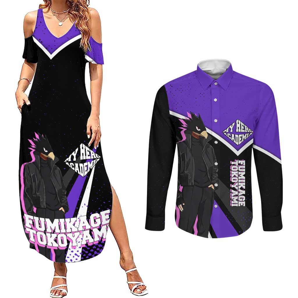 Fumikage Tokoyami My Hero Academia Couples Matching Summer Maxi Dress and Long Sleeve Button Shirt Anime Grunge Splatter Graphic Style