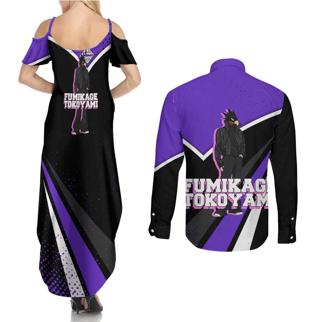 Fumikage Tokoyami My Hero Academia Couples Matching Summer Maxi Dress and Long Sleeve Button Shirt Anime Grunge Splatter Graphic Style